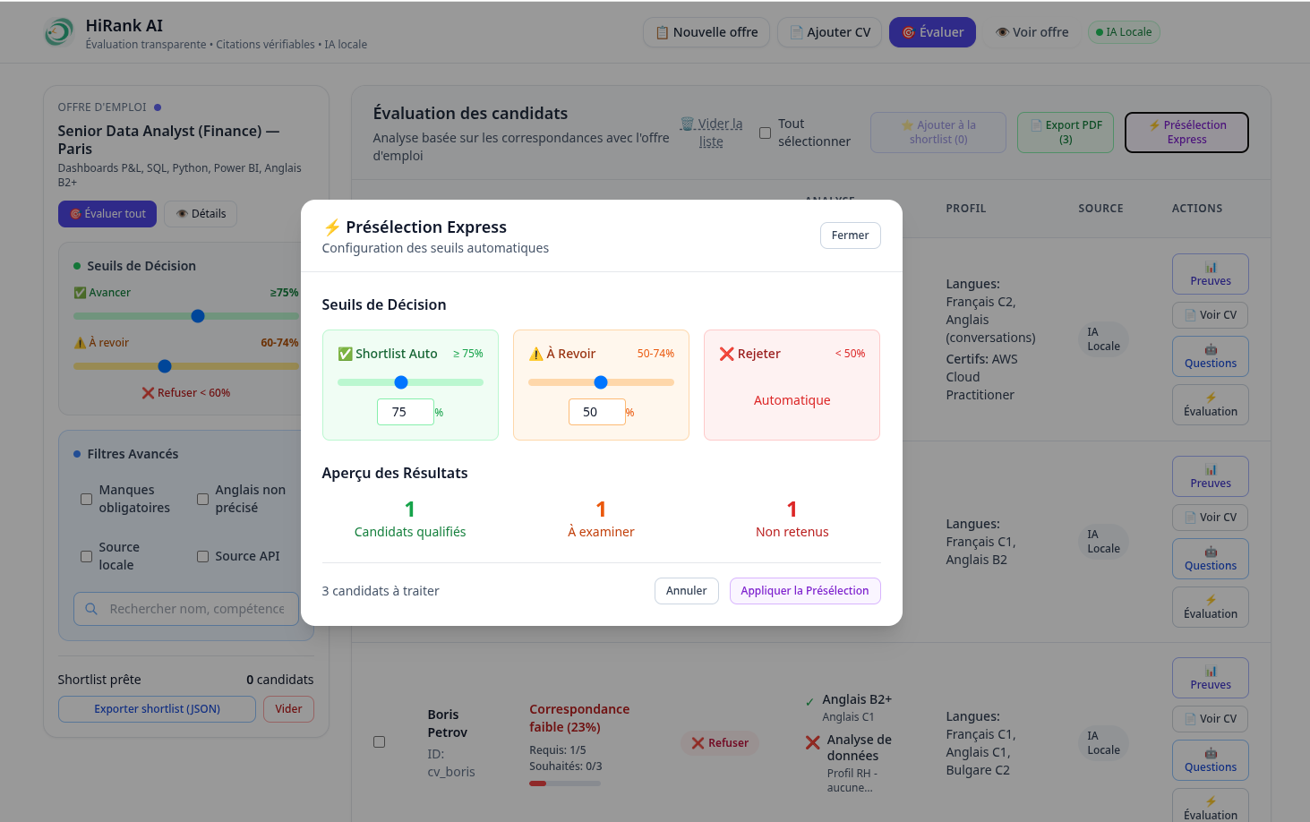Dashboard HiRank - Évaluation des candidats